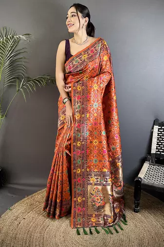 orange soft silk blend banarasi zari woven saree
