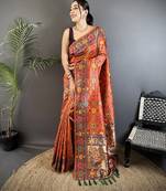 orange soft silk blend banarasi zari woven saree