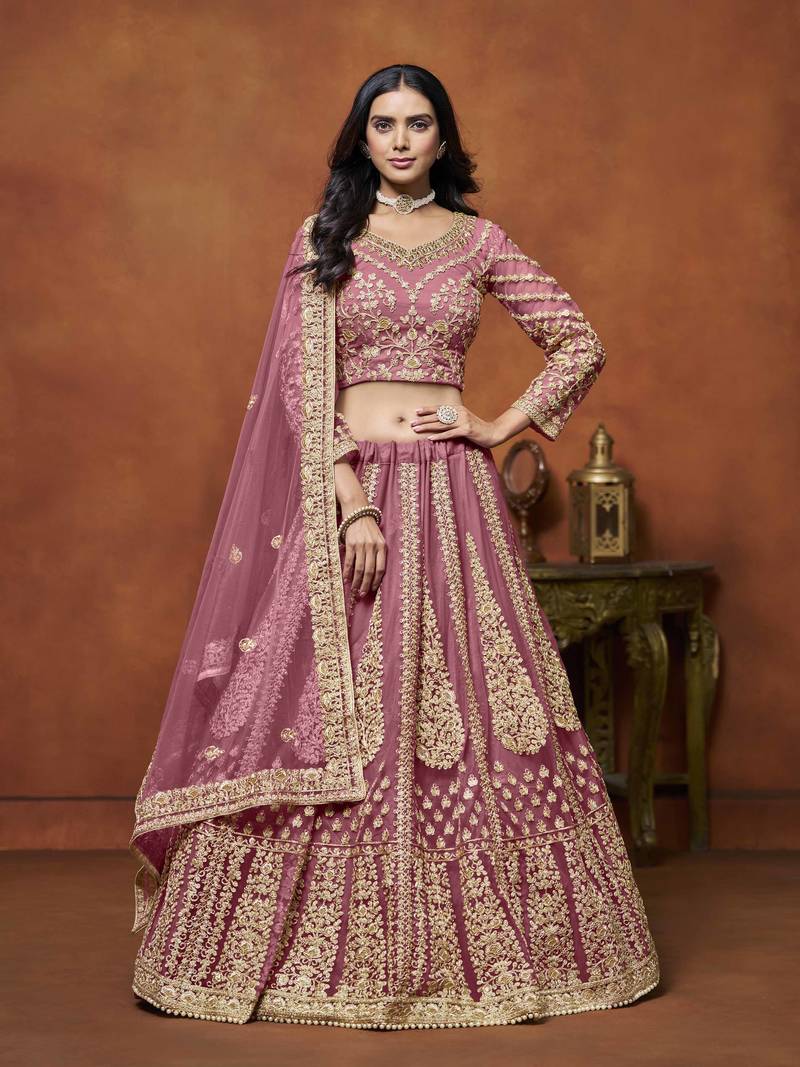Pink Net Heavy Thread Embroidery With Sequins Work Lehenga Choli set with dupatta