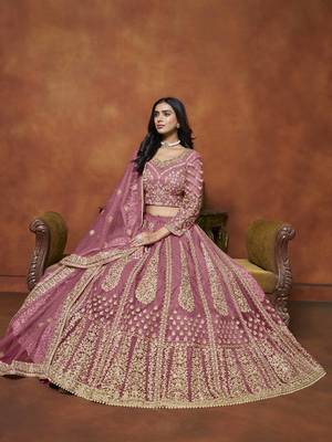 Pink Net Heavy Thread Embroidery With Sequins Work Lehenga Choli set with dupatta 2