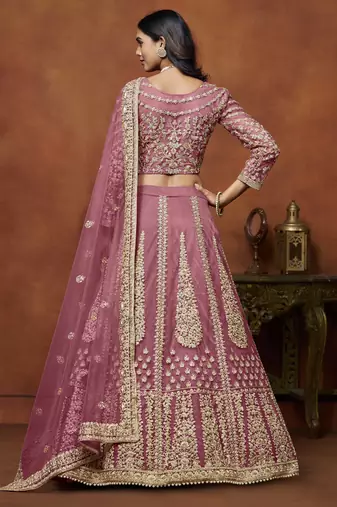 Pink Net Heavy Thread Embroidery With Sequins Work Lehenga Choli set with dupatta
