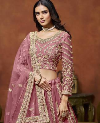 Pink Net Heavy Thread Embroidery With Sequins Work Lehenga Choli set with dupatta 4