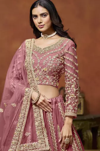 Pink Net Heavy Thread Embroidery With Sequins Work Lehenga Choli set with dupatta