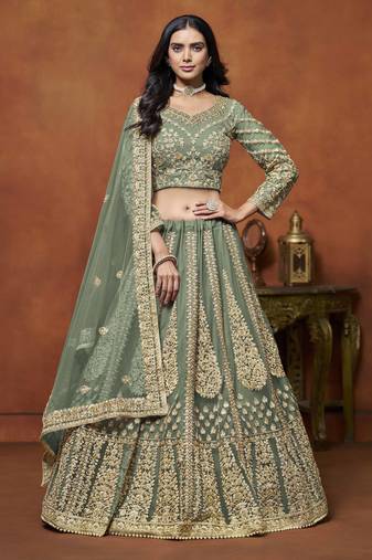 Green Net Heavy Thread Embroidery With Sequins Work Lehenga Choli set with dupatta