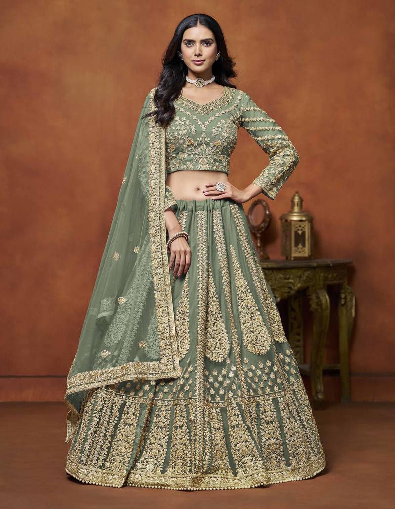 Green Net Heavy Thread Embroidery With Sequins Work Lehenga Choli set with dupatta