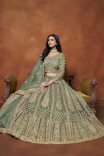 Green Net Heavy Thread Embroidery With Sequins Work Lehenga Choli set with dupatta