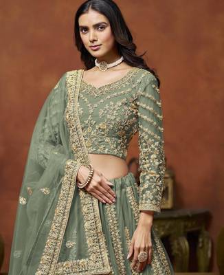 Green Net Heavy Thread Embroidery With Sequins Work Lehenga Choli set with dupatta 4