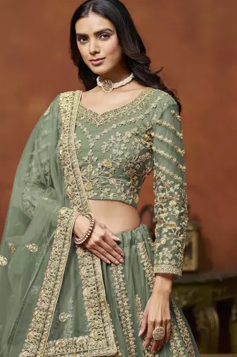 Green Net Heavy Thread Embroidery With Sequins Work Lehenga Choli set with dupatta