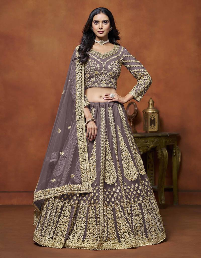 Purple Net Heavy Thread Embroidery With Sequins Work Lehenga Choli set with dupatta