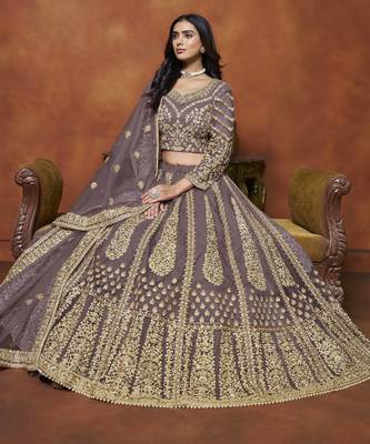 Purple Net Heavy Thread Embroidery With Sequins Work Lehenga Choli set with dupatta 2