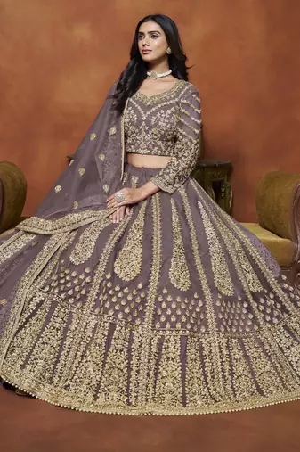 Purple Net Heavy Thread Embroidery With Sequins Work Lehenga Choli set with dupatta