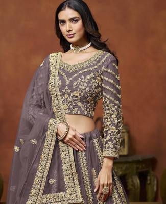 Purple Net Heavy Thread Embroidery With Sequins Work Lehenga Choli set with dupatta 4