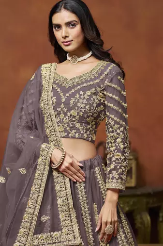 Purple Net Heavy Thread Embroidery With Sequins Work Lehenga Choli set with dupatta