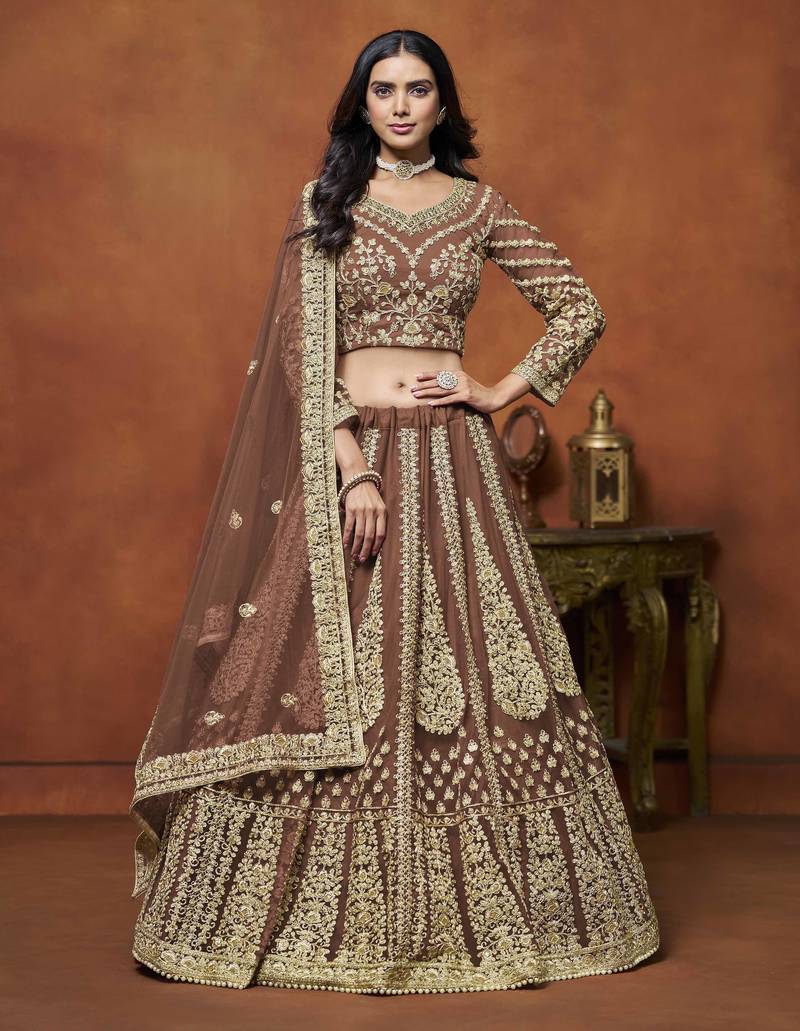 Brown Net Heavy Thread Embroidery With Sequins Work Lehenga Choli set with dupatta