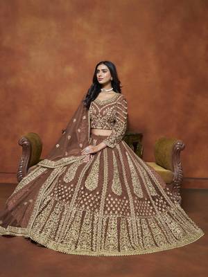 Brown Net Heavy Thread Embroidery With Sequins Work Lehenga Choli set with dupatta 2
