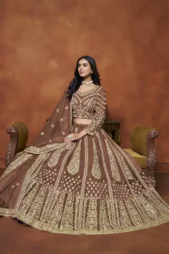 Brown Net Heavy Thread Embroidery With Sequins Work Lehenga Choli set with dupatta