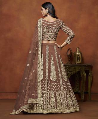 Brown Net Heavy Thread Embroidery With Sequins Work Lehenga Choli set with dupatta 3