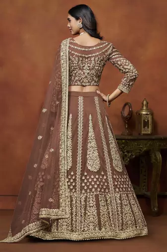Brown Net Heavy Thread Embroidery With Sequins Work Lehenga Choli set with dupatta