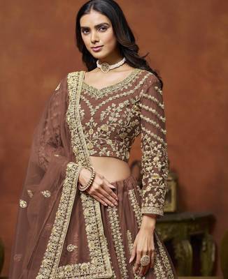 Brown Net Heavy Thread Embroidery With Sequins Work Lehenga Choli set with dupatta 4