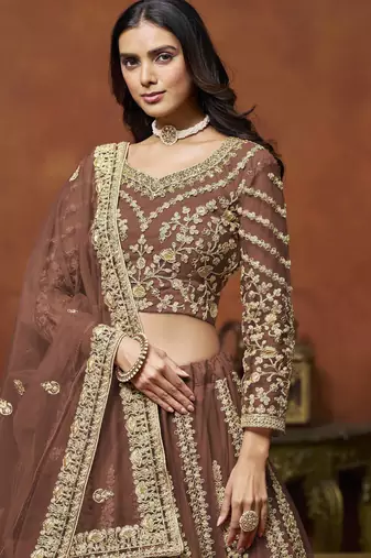 Brown Net Heavy Thread Embroidery With Sequins Work Lehenga Choli set with dupatta