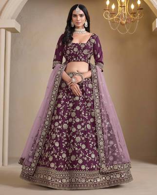 Purple art silk heavy thread embroidery with sequins work lehenga choli set with blouse and dupatta 1