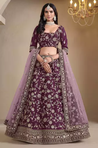 Purple art silk heavy thread embroidery with sequins work lehenga choli set with blouse and dupatta