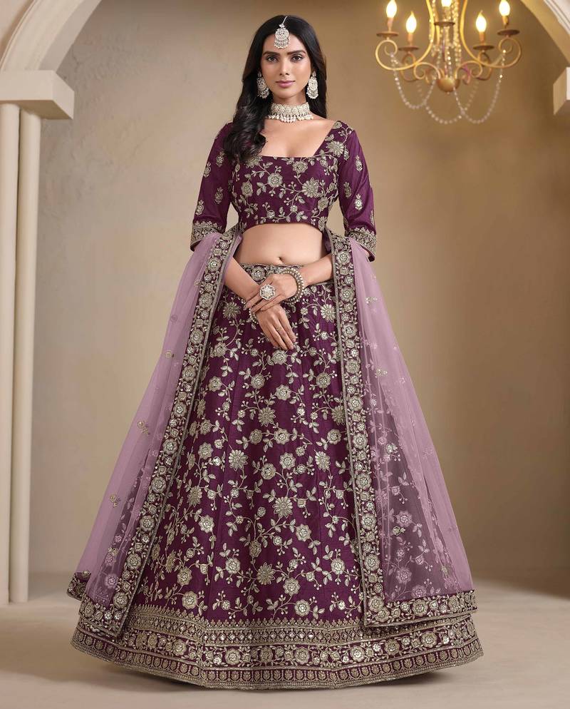 Purple art silk heavy thread embroidery with sequins work lehenga choli set with blouse and dupatta