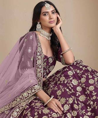 Purple art silk heavy thread embroidery with sequins work lehenga choli set with blouse and dupatta 2