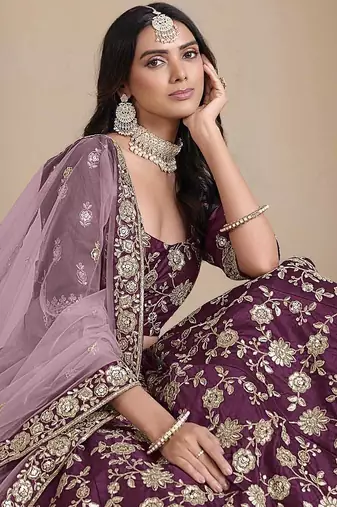 Purple art silk heavy thread embroidery with sequins work lehenga choli set with blouse and dupatta