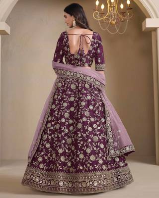 Purple art silk heavy thread embroidery with sequins work lehenga choli set with blouse and dupatta 3
