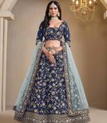 Navy Blue Art Silk Heavy Thread Embroidery With Sequins Work Lehenga Choli set with blouse and duppata