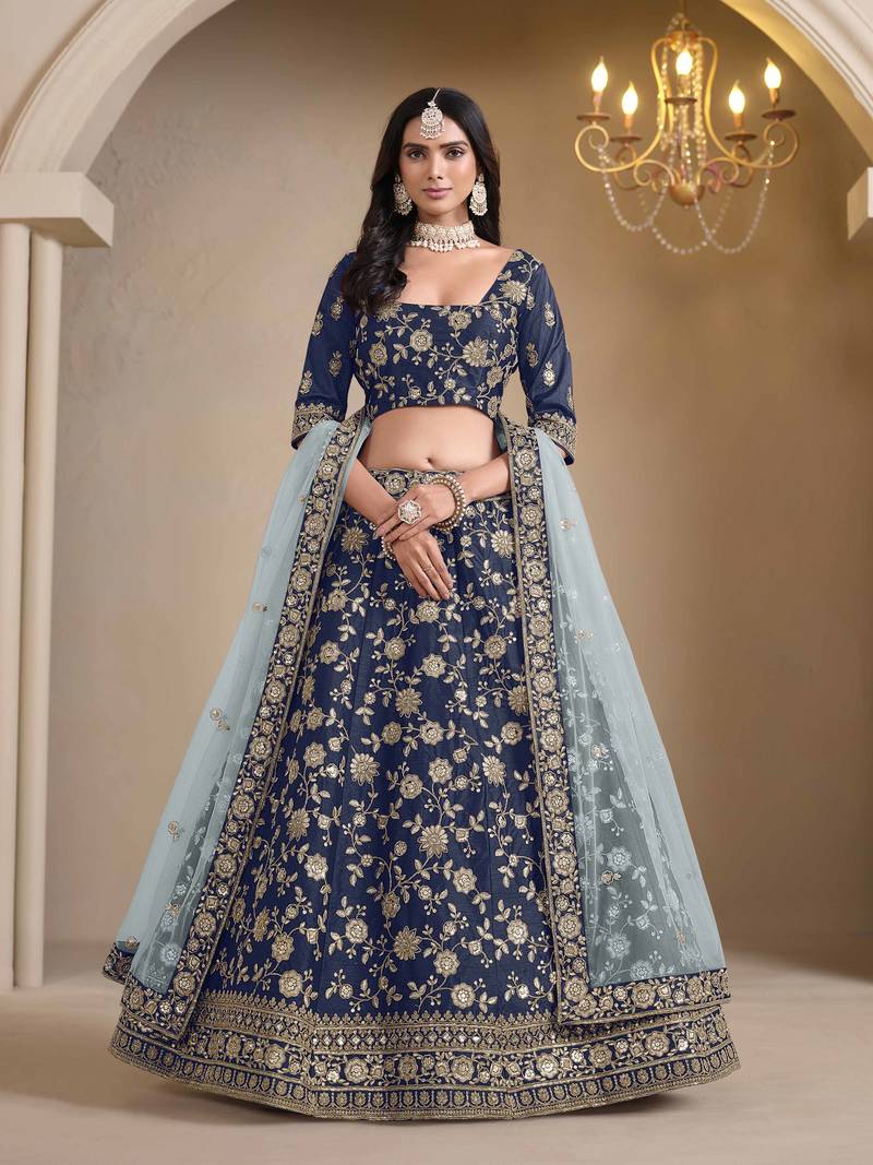 Navy Blue Art Silk Heavy Thread Embroidery With Sequins Work Lehenga Choli set with blouse and duppata