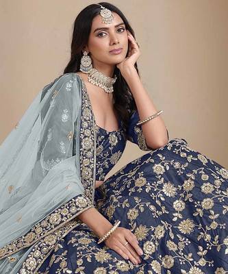 Navy Blue Art Silk Heavy Thread Embroidery With Sequins Work Lehenga Choli set with blouse and duppata 2