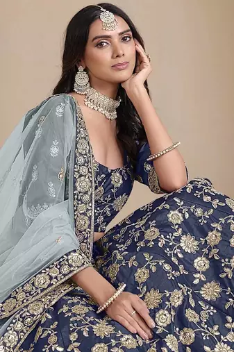 Navy Blue Art Silk Heavy Thread Embroidery With Sequins Work Lehenga Choli set with blouse and duppata