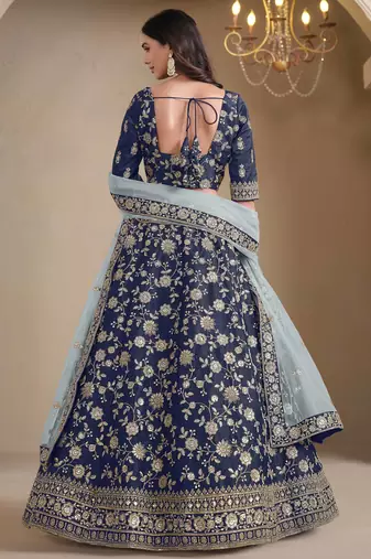 Navy Blue Art Silk Heavy Thread Embroidery With Sequins Work Lehenga Choli set with blouse and duppata