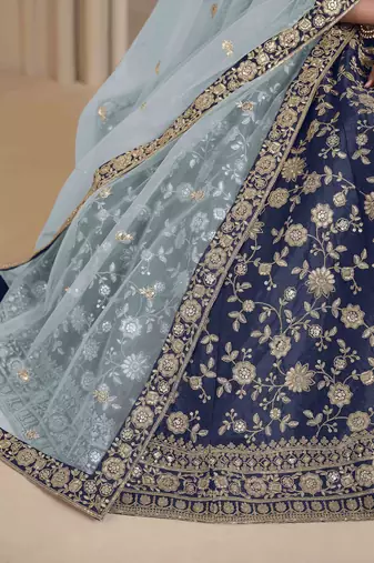 Navy Blue Art Silk Heavy Thread Embroidery With Sequins Work Lehenga Choli set with blouse and duppata