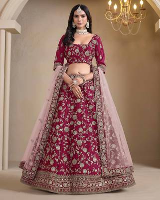 Dark Pink Art Silk Heavy Thread Embroidery With Sequins Work Lehenga Choli set with blouse and duppatta 1