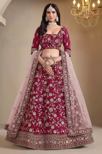 Dark Pink Art Silk Heavy Thread Embroidery With Sequins Work Lehenga Choli set with blouse and duppatta
