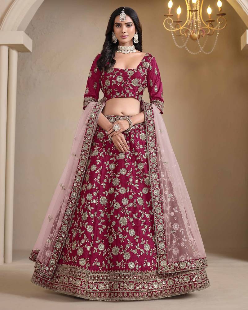 Dark Pink Art Silk Heavy Thread Embroidery With Sequins Work Lehenga Choli set with blouse and duppatta