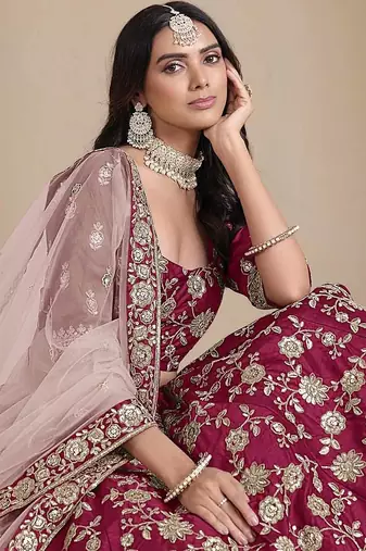 Dark Pink Art Silk Heavy Thread Embroidery With Sequins Work Lehenga Choli set with blouse and duppatta