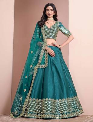 Teal Art Silk Heavy Thread Embroidery With Sequins Work Lehenga Choli with blouse and dupatta 1