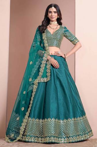 Teal Art Silk Heavy Thread Embroidery With Sequins Work Lehenga Choli with blouse and dupatta