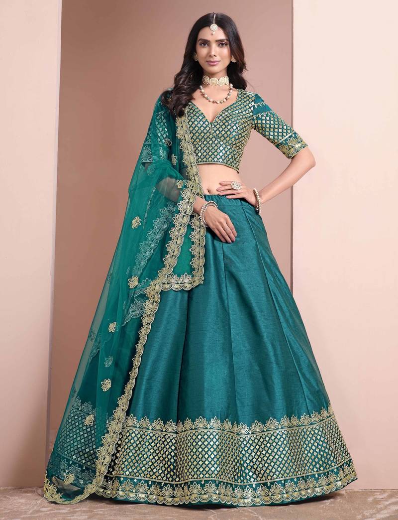 Teal Art Silk Heavy Thread Embroidery With Sequins Work Lehenga Choli with blouse and dupatta