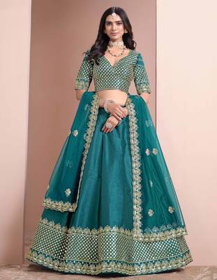 Teal Art Silk Heavy Thread Embroidery With Sequins Work Lehenga Choli with blouse and dupatta 2