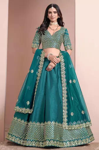 Teal Art Silk Heavy Thread Embroidery With Sequins Work Lehenga Choli with blouse and dupatta