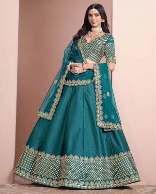 Teal Art Silk Heavy Thread Embroidery With Sequins Work Lehenga Choli with blouse and dupatta 3