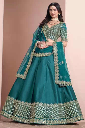 Teal Art Silk Heavy Thread Embroidery With Sequins Work Lehenga Choli with blouse and dupatta