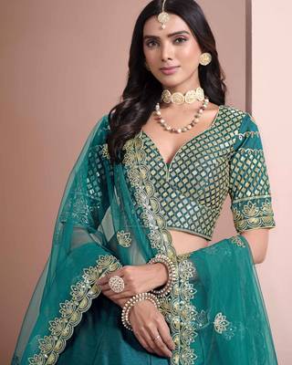 Teal Art Silk Heavy Thread Embroidery With Sequins Work Lehenga Choli with blouse and dupatta 4