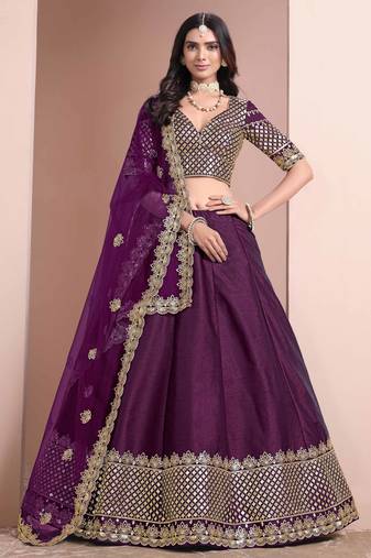 Purple Art Silk Heavy Thread Embroidery With Sequins Work Lehenga Choli set with blouse and dupatta