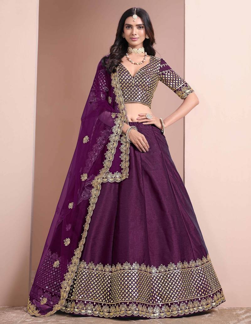 Purple Art Silk Heavy Thread Embroidery With Sequins Work Lehenga Choli set with blouse and dupatta